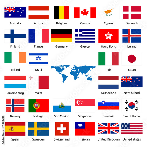 Detailed industrialized country flags and world map