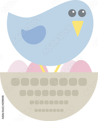 Cartoon-Vogel im Nest mit Eiern, pastellfarben