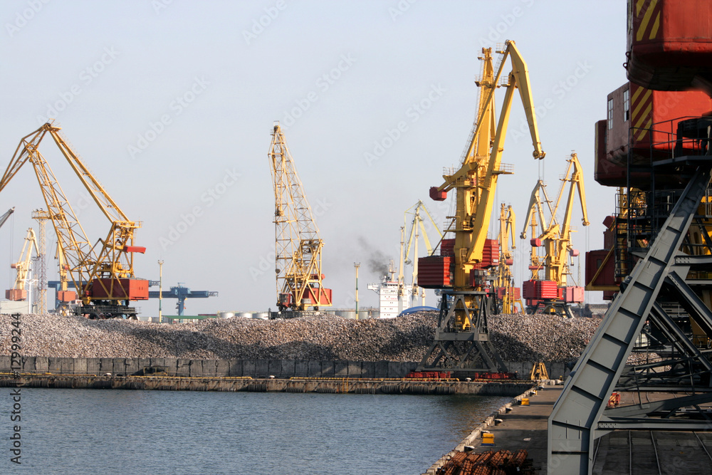 Harbour of sea trading port with cargo cranes