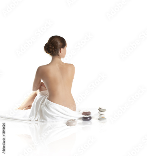 picture of beautiful lady with wite towels on white sand