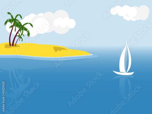 Fototapeta Naklejka Na Ścianę i Meble -  tropical vector summer scene with palm trees and sailboat