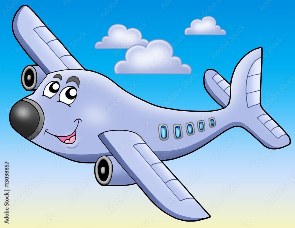 Naklejka premium Kreskówka samolot na niebieskim niebie