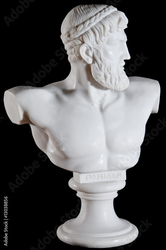 Classical white bust of Poseidon isolated on black