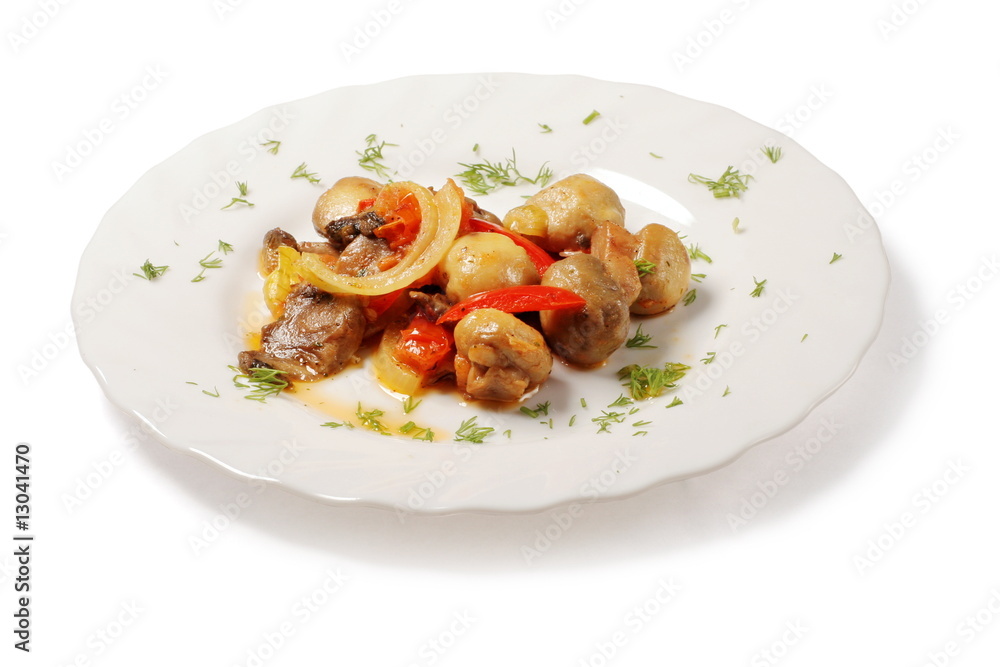 Savory mushrooms with pieces of onion, tomatoes and dill Savory mushrooms with pieces of onion, tomatoes and dill