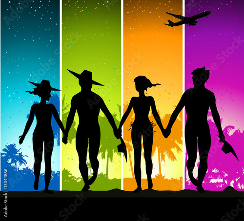 Summer vacations, funny people on colorful backgound