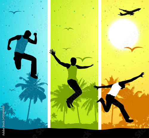 Summer vacations, funny people on colorful backgound