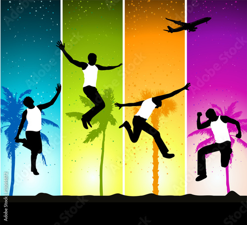 Summer vacations, funny people on colorful backgound