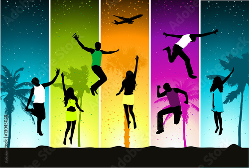 Summer vacations, funny people on colorful backgound