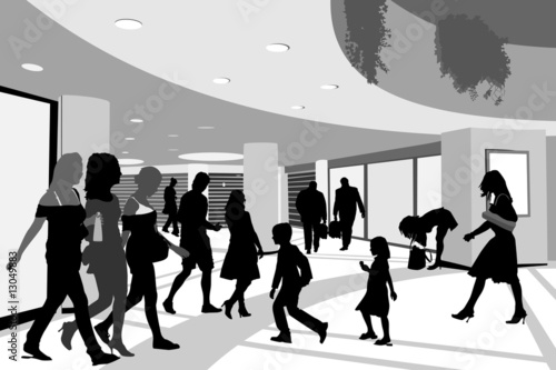 shoppers in shopping center illustration