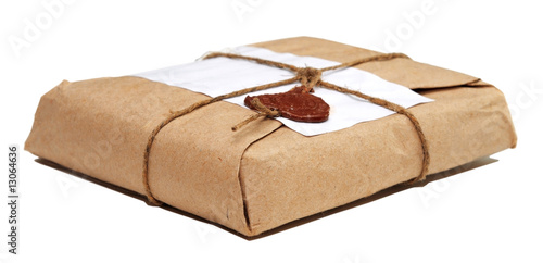 Photos delivery hand with parcel isolated on white