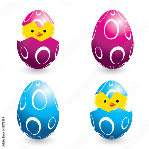 colorful easter eggs and hatching chicks, vector set