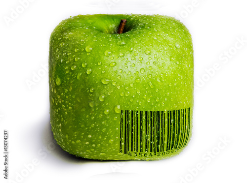 Bar code on a square green apple isolated on white