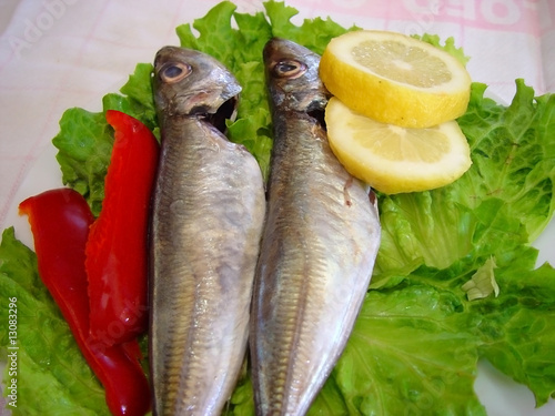 Mackerel, sardines, salad, peppers - Carapau - Sardinha photo