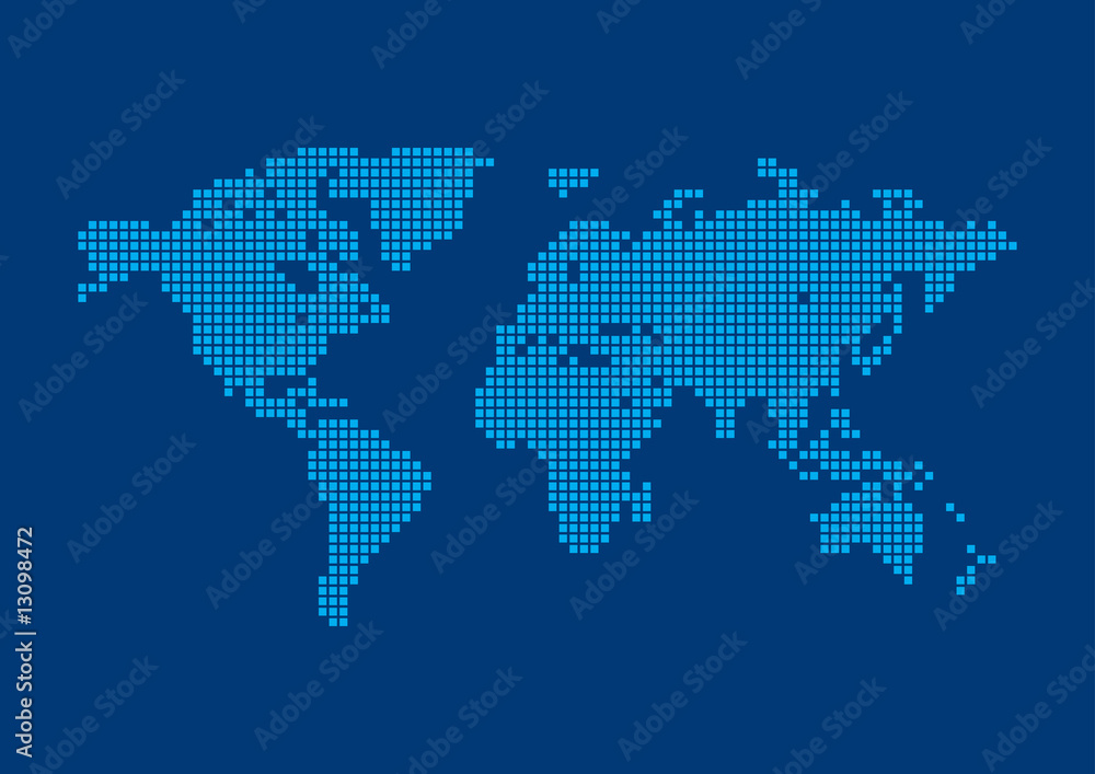 Square Pixel World Map Background. Square Blue Pixels.