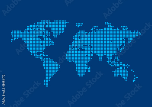 Square Pixel World Map Background. Square Blue Pixels.