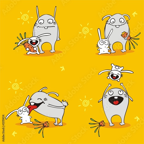 Cheerful hares with carrots