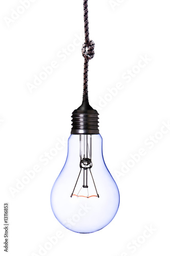 lamp bulb with cord on white with clipping path