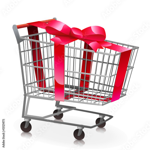 Chariot de supermarché vide et son ruban rouge (reflet)