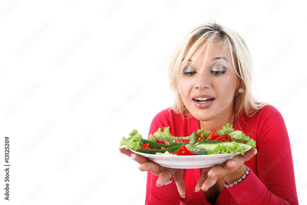 girl with salad isolated on white girl with salad isolated on white