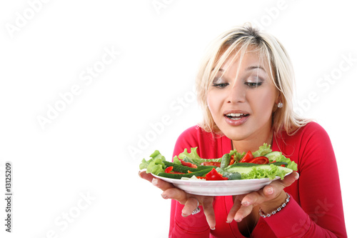 girl with salad isolated on white