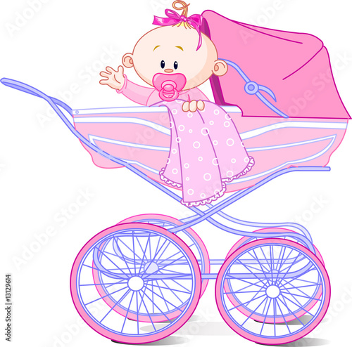 Baby girl sitting in carriage and waiving hello