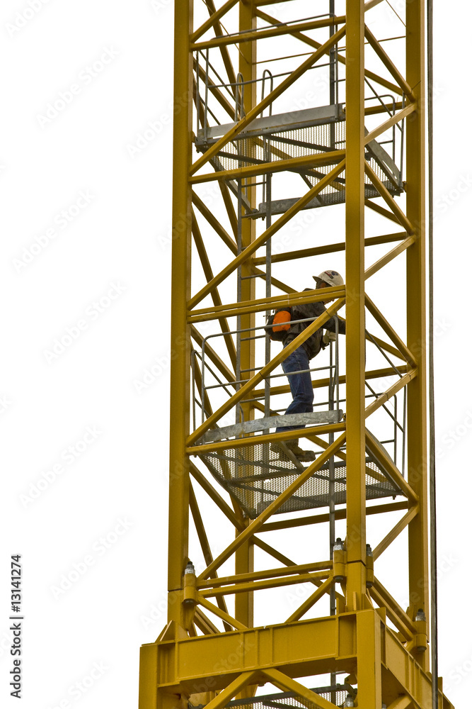 Man Climbing Construction Crane on White