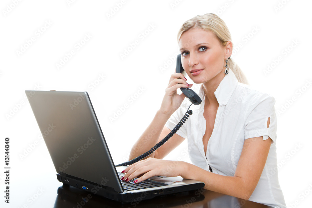 The secretary speaks by phone, isolated on white The secretary speaks by phone, isolated on white