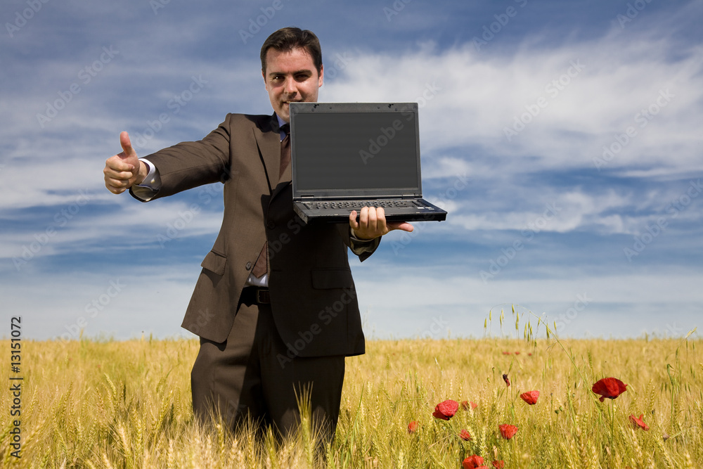 Businessman in a field showing his laptop Businessman in a field showing his laptop