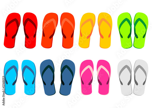 Different colorful flip-flops over white background