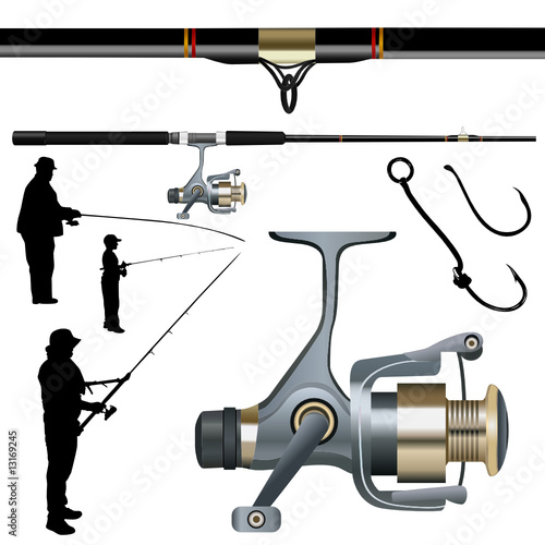 fishing rod, reel, hook illustrations