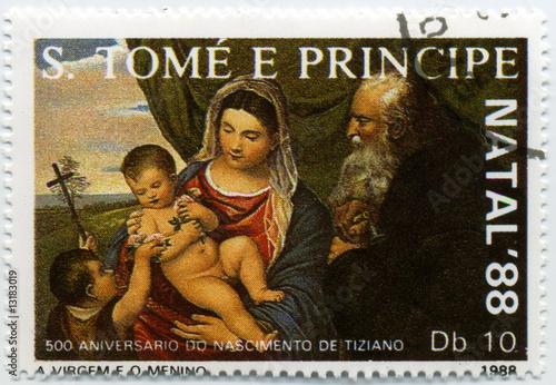 Sao Tome e principe. Tiziano. 1988. Vierge à l'enfant.