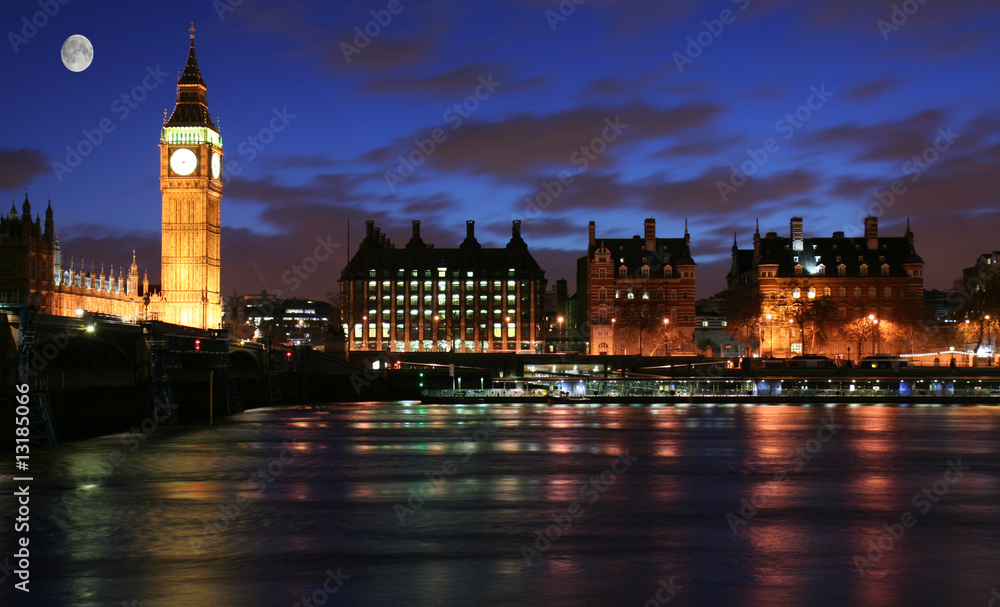 London skyline under the moonlight