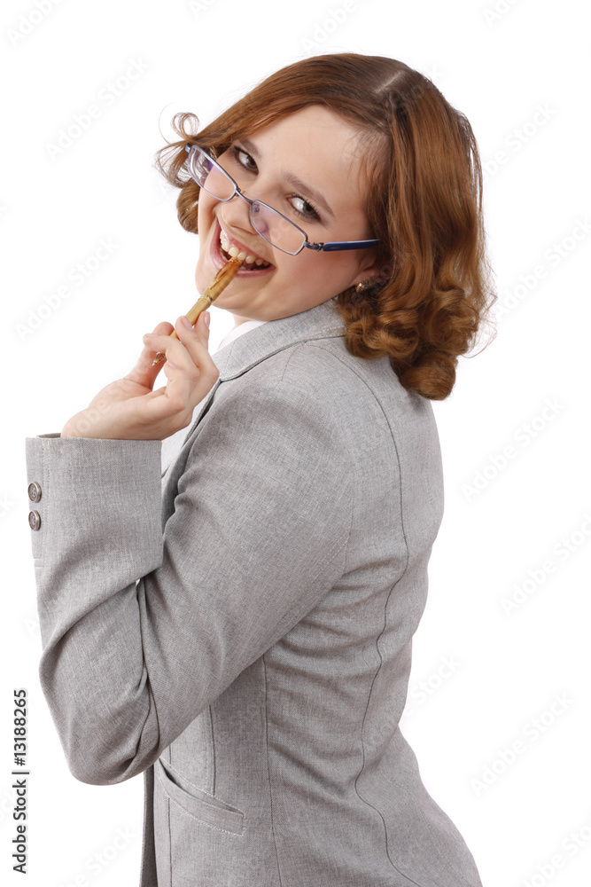 Idea. Happy successful business woman with pen. Idea. Happy successful business woman with pen.