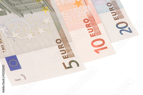 Three euro's banknotes on white background