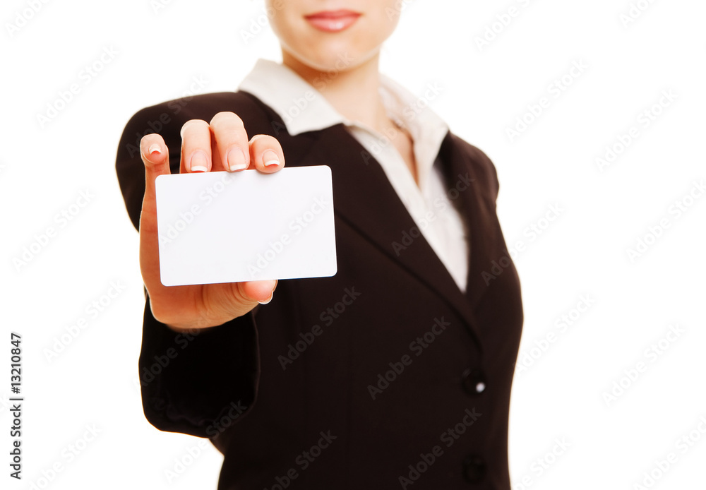woman presenting business card woman presenting business card