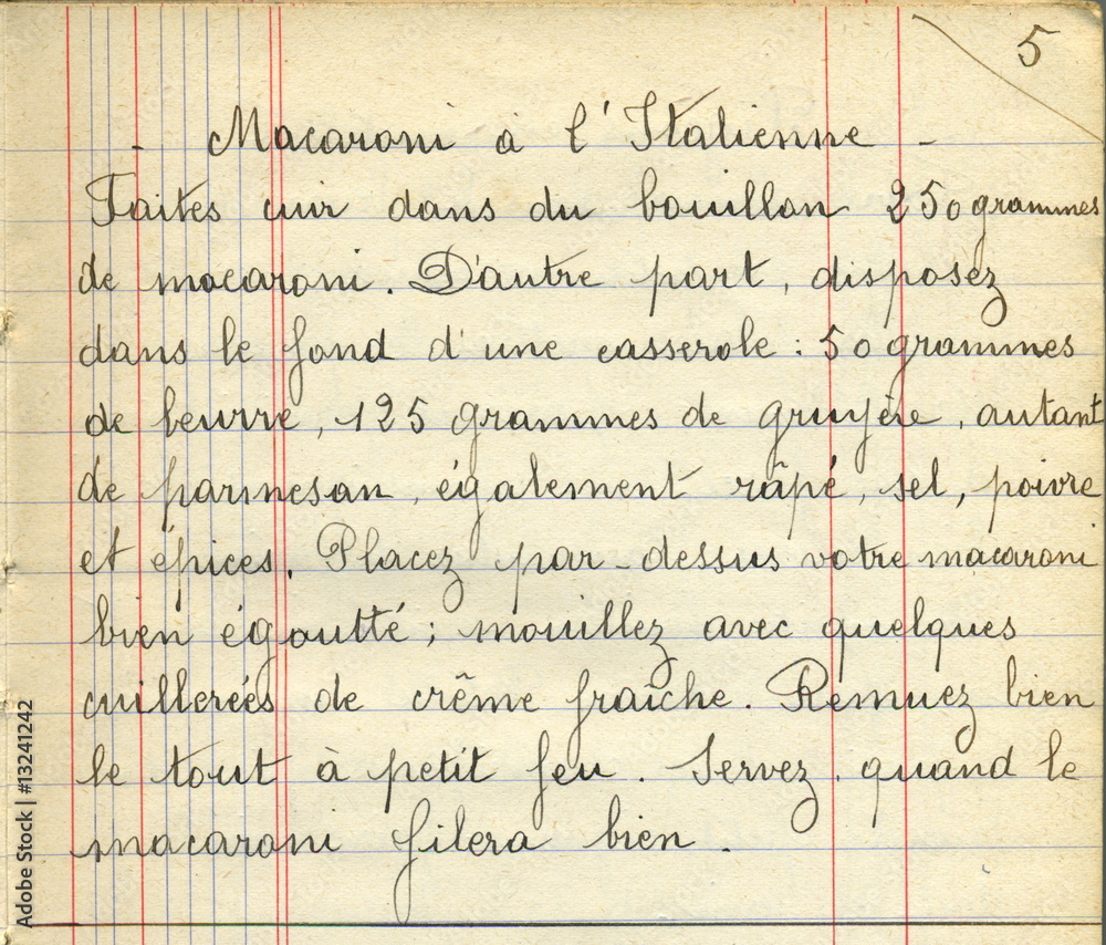 Macaroni à l'Italienne. Recette de cuisine manuscrite.