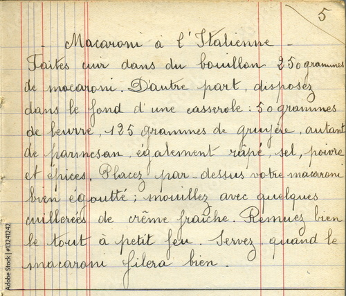 Macaroni à l'Italienne. Recette de cuisine manuscrite.