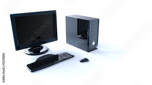 computer, screen, keyboard, and mouse on white background