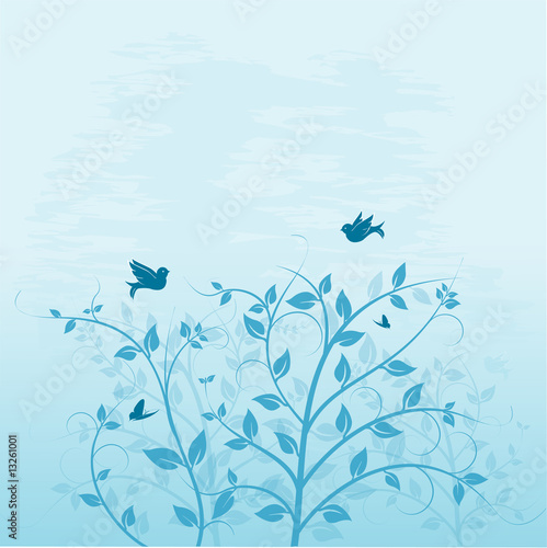 Vector illustration, trees with bird and butterfly