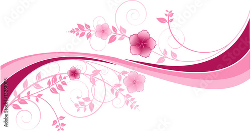Vector illustration, background with pink waves and flowers