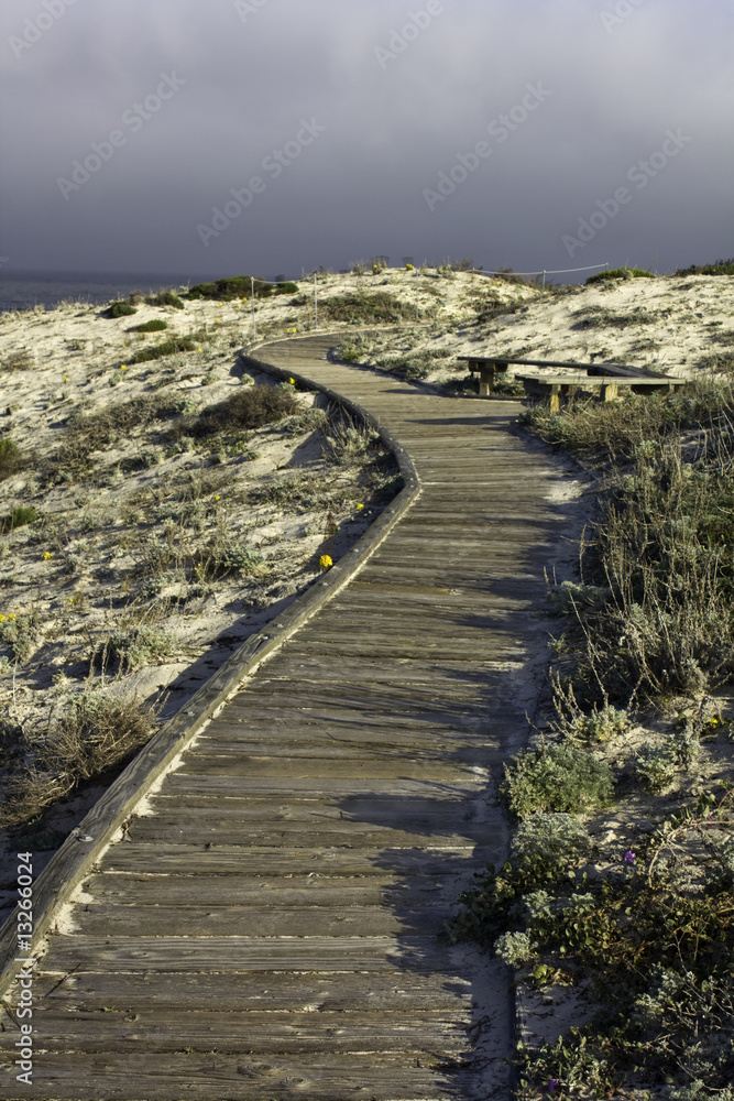 Boardwalk over sand dunes and cloudy sky on the California coast