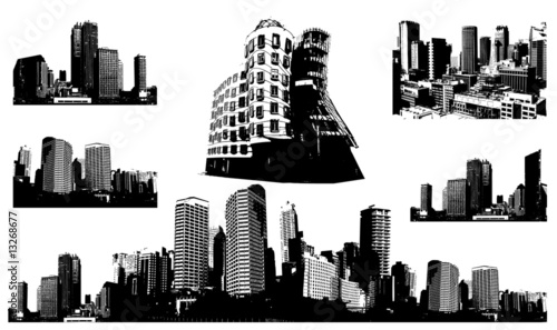 Black and white panorama cities. Vector art