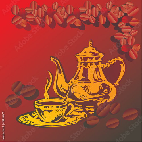 Cup of hot coffee with Arabian coffeepot over brown background