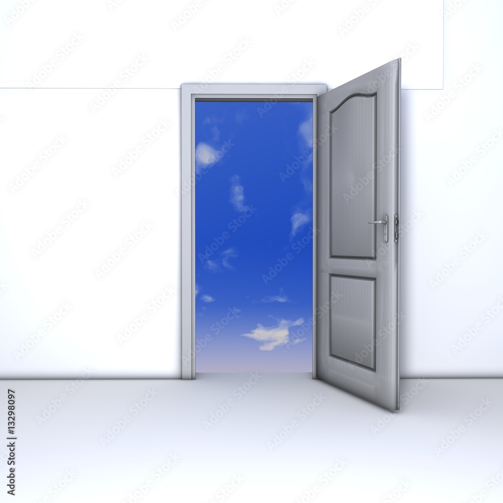 Plain front door seen open from inside and sky seen outside Plain front door seen open from inside and sky seen outside
