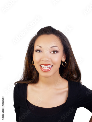 Young black woman smiling with braces on upper teeth