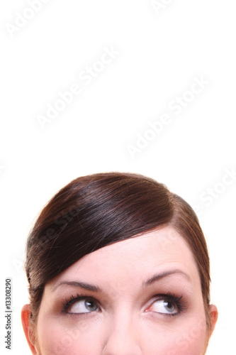 Curious/thinking/imagining woman on white background
