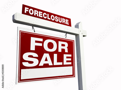 Red Foreclosure Real Estate Sign on White.