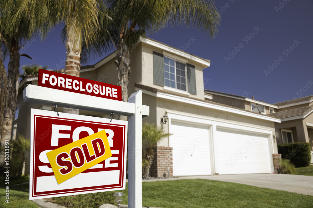 Red Foreclosure For Sale Real Estate Sign and House Red Foreclosure For Sale Real Estate Sign and House
