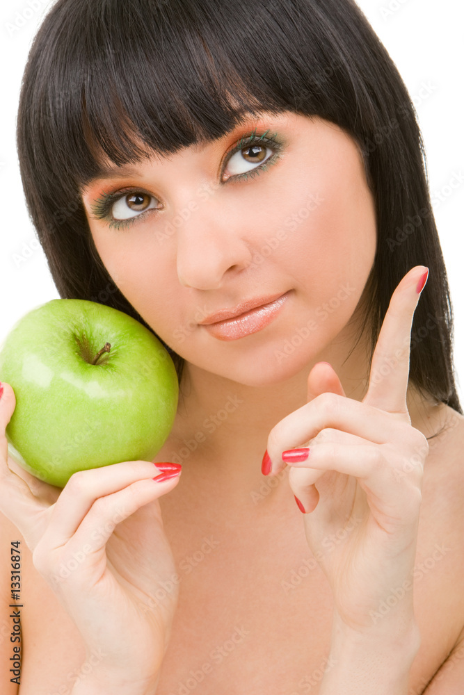 pretty woman with green apple isolated over white background