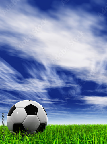 3D black soccer ball,green grass and a blue sky with clouds © high_resolution